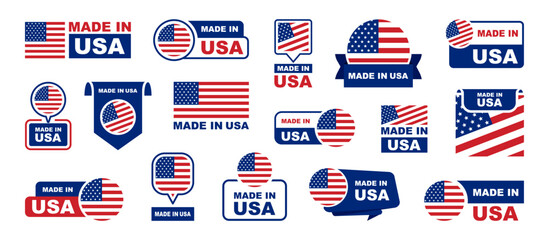 Made in USA labeling set. Collection of label made in USA. American product emblem. USA quality emblem. Vector illustration.