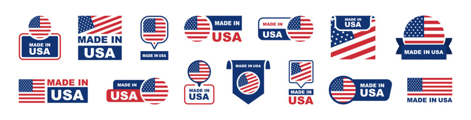 Made in USA labeling set. Collection of label made in USA. American product emblem. USA quality emblem. Vector illustration.