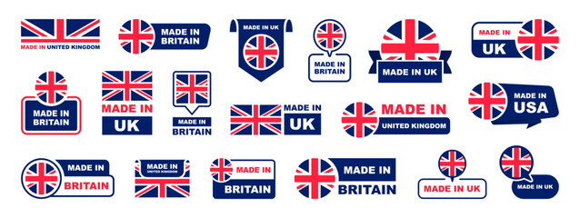Made in UK labeling set. Collection of label made in UK. United Kingdom product emblem. Vector illustration.