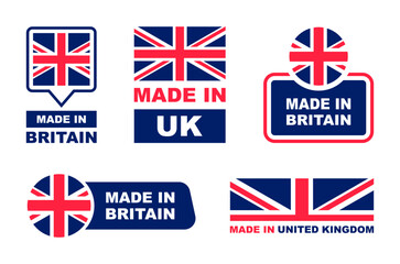 Made in UK labeling set. Collection of label made in UK. United Kingdom product emblem. Vector illustration.