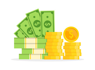 Banknotes and golden coins stack. Dollar bill packs and coins pile. Cash or treasure. Bank and finance. Profit, investment, income. Vector illustration.