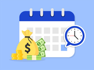 Payment date in calendar. Subscription payment. Monthly payment date. Flat calendar with money bag and clock. Tax pay scheduled on calendar. Regular payments online. Vector illustration.