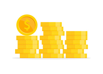 Stack of golden coins. Coins pile. Cash or treasure. Bank and finance. Profit, investment, income. Vector illustration.