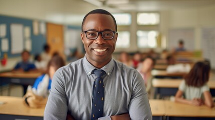 Fototapeta premium Portrait of smiling teacher in a class at elementary school