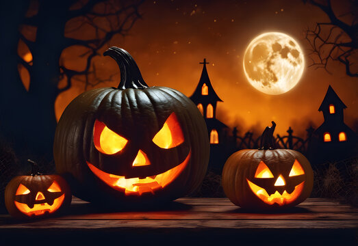 Halloween background with pumpkins and haunted house - 3D render. Halloween background with Evil Pumpkin. Spooky scary dark Night forest. Holiday event Halloween banner background concept