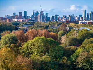 Obraz premium Manchester skyline taken from a park nearby showing the colours of Autumn. 