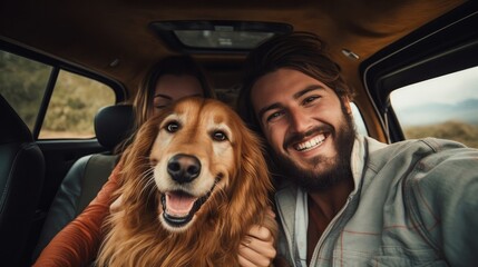 Road trip smiling couple with golden retriver