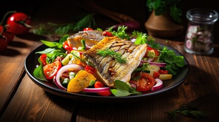 Roast fish and vegetable salad on wooden background