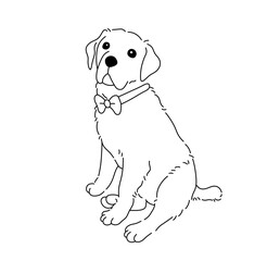 Vector isolated one single cute cartoon sitting dog puppy labrador in bow tie colorless black and white contour line easy drawing