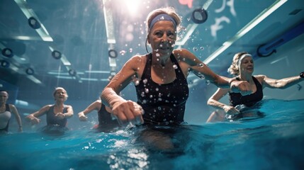 Obraz na płótnie Canvas Senior women enjoying aqua fit class in a pool