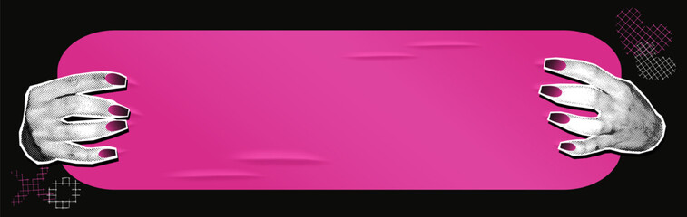 Obraz premium Grunge halftone collage banner with female hands holding pink paper sign. Modern mixed media design. Bright pop art background, poster template with copy space for text. Vector illustration