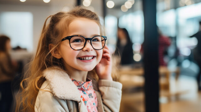 Portrait of cute girl trying on glasses she wants to buy in optician shop