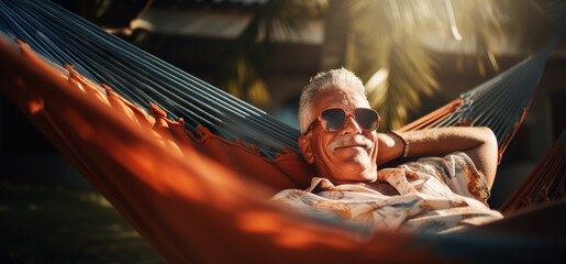 Close up of happy elderly bearded gray haired male lying in hammock relaxing and smiling. Vacation, Retirement and slow living. With copy space. 