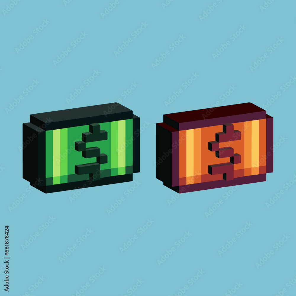 Poster isometric pixel art 3d of money paper for items asset.business money paper on pixelated style.8bits 