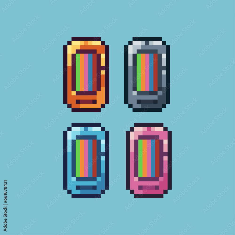 Poster pixel art sets of gold handphone with variation color item asset. simple bits of handphone tech on p