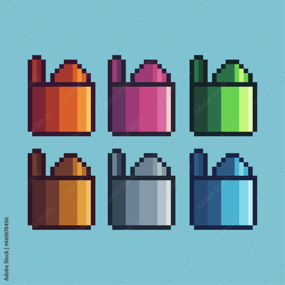 Poster pixel art sets of gold lighter with variation color item asset. simple bits of lighter on pixelated 