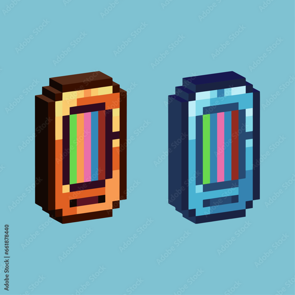 Poster isometric pixel art 3d of gold handphone for items asset. golden handphone on pixelated style.8bits 