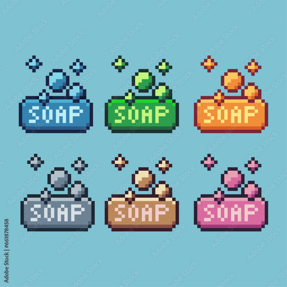 Fototapete Pixel art sets of soap for taking bath with variation color item asset. Simple bits of soap on pixelated style. 8bits perfect for game asset or design asset element for your game design asset.