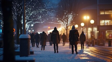 Fototapeta premium City street at winter snowy night with people walking