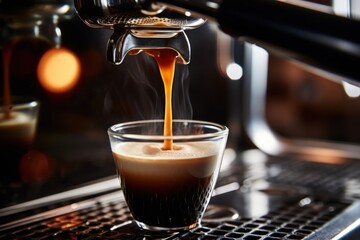 A Preparation of espresso coffee by using coffee machine. Espresso pouring from coffee machine. Close-up photo of an espresso pouring from coffee machine. Professional coffee brewing.