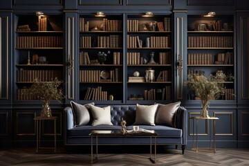 library denroom home interior design and decoration blue color classic decorate in classic formal living room with big window and daylight home interior design concept