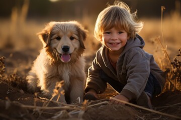 happiness casual relax leisure summertime playful smile kid playing cuddle hug hold with their love dog pet best friend plaing together in garden backyard sun set holiday vacation - obrazy, fototapety, plakaty