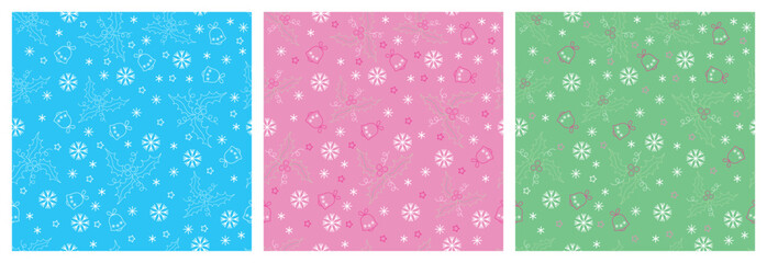 Christmas seamless pattern with ilex leaves and berries, bells, snowflakes, stars, streamers and color background for card, wrapping paper, wallpaper or other. Vector illustration. Set. Not AI created