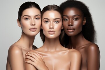 Beauty portrait of a diverse group of beautiful women posing together against a light grey studio background.