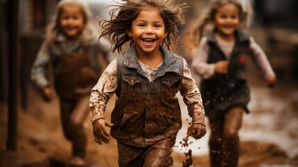 smiling happiness kid playing with mud dirt outdoor backyard garden carefree leisure activity game outdoor sport playing exercise Montessori method education - obrazy, fototapety, plakaty