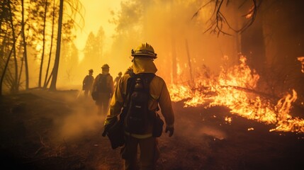 Team of Firefighters in Safety Uniform and Helmets Extinguishing a Wildland Fire