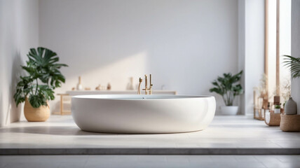 Empty space on luxury white marble table in minimalist bathroom, natural light, space for text and product mockup