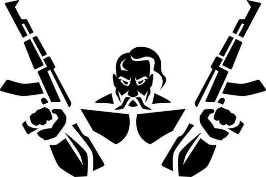 Ukrainian Cossack with submachine guns. Stylized character image. Transparent background.  Vector illustration