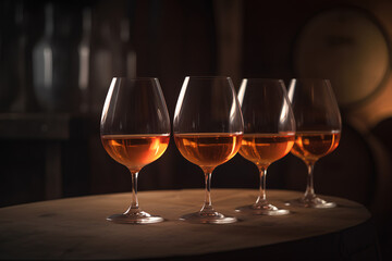 Glasses of cognac on the table in the cellar of traditional winery.