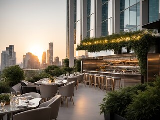 Modern Restaurant Amidst Skyscrapers: Sleek Glass and Chrome Design with Cascading Greenery and Serene Rooftop Garden Ambiance