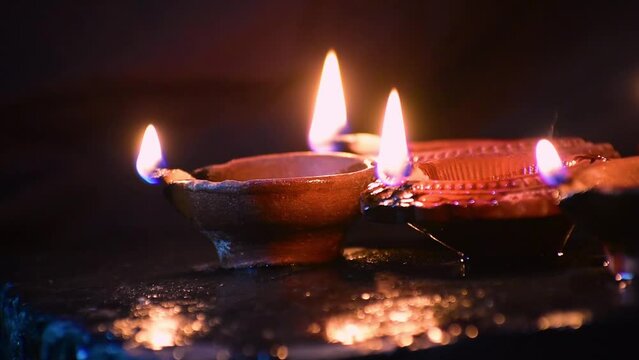 Diya oil lamp lit. Diwali, Deepavali Hindu Festival of lights celebration, Indian holiday template