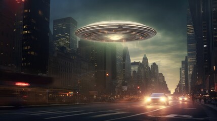 UFO in city - obrazy, fototapety, plakaty