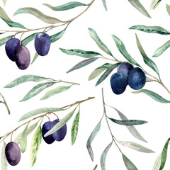 Seamless summer pattern olive branches, ripe fruits, green leaves. Natural garden composition. Hand-drawn watercolor illustration isolated on white background for fabric, textile, wallpaper, wrapping.