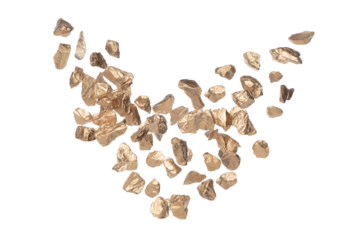 Heart shape Gold ore nugget fly fall from Mining float in air. Many pieces Golden nugget ore explosion with stone gravel in gold Mining industry. White background Isolated throwing freeze stop motion