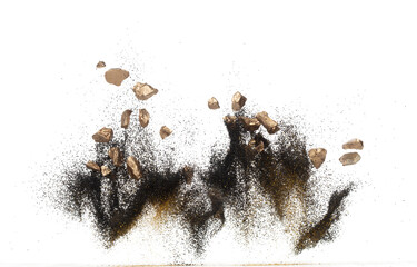 Gold ore nugget mix sand explode from Mining. Golden nugget ore grain powder explosion with sand...