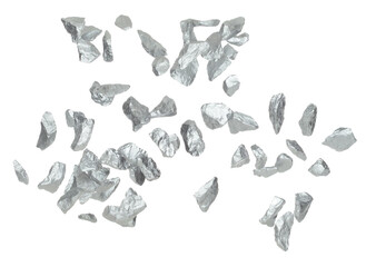 Silver ore nugget fly fall from Mining float in air. Many pieces silver nugget ore explosion with stone gravel in silver Mining industry. White background Isolated throwing freeze stop motion
