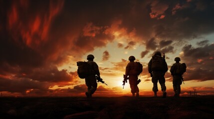 Fototapeta na wymiar World War Soldiers Silhouette Below Cloudy Skyline At sunset