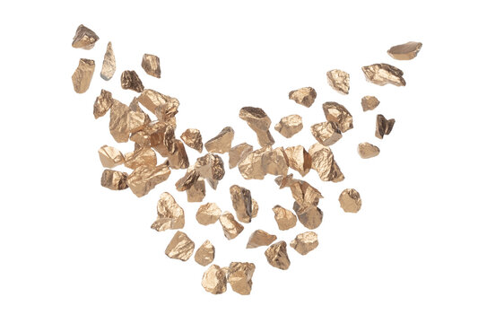 Heart shape Gold ore nugget fly fall from Mining float in air. Many pieces Golden nugget ore explosion with stone gravel in gold Mining industry. White background Isolated throwing freeze stop motion