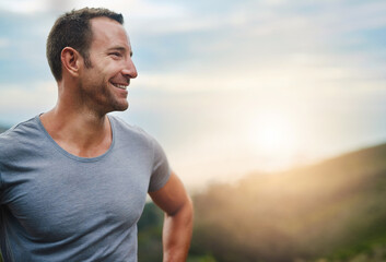 Thinking, space or happy man in park, outdoor or naturecwith confidence, good mood or freedom....