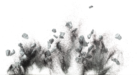 Silver ore nugget fly fall from Mining float in air. Many pieces silver nugget ore explosion with sand glitter gravel in silver Mining industry. White background Isolated throwing freeze stop motion