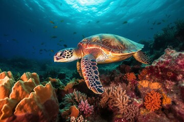 Turtle swimming in ocean surrounded by vibrant algae and corals. Generative AI