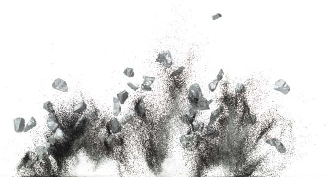 Silver ore nugget fly fall from Mining float in air. Many pieces silver nugget ore explosion with sand glitter gravel in silver Mining industry. White background Isolated throwing freeze stop motion