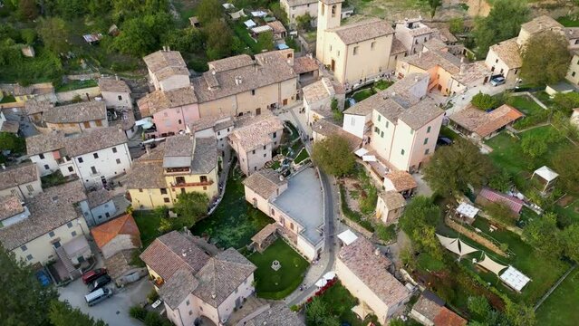 Aerial view of ancient city Rasiglia in Italy.  Rasiglia was destroyed by an earthquake and later rebuilt. 