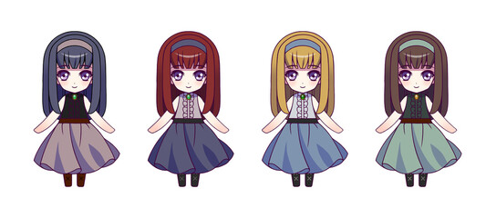 Anime style girls character illustration set