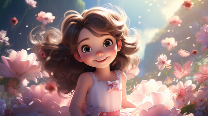 Fototapeta premium Cute cartoon girl on the background of flowers generative ai