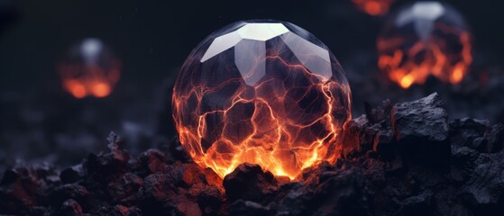 Burning magical crystal ball of flames, fire elemental spirit trapped inside, embedded into rocky magma ground. - obrazy, fototapety, plakaty
